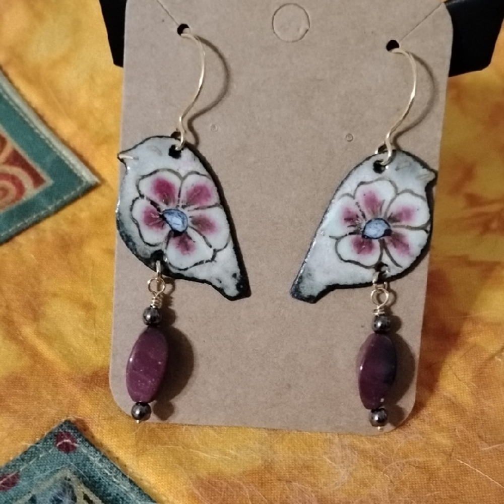 Hand Crafted Floral Enamel Bird Earrings with Mookite Accents